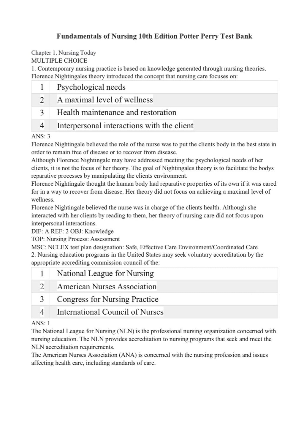 TEST BANK FOR FUNDAMENTALS OF NURSING 10TH EDITION PATRICIA A. POTTER ANNE GRIFFIN PERRY PATRICIA A.