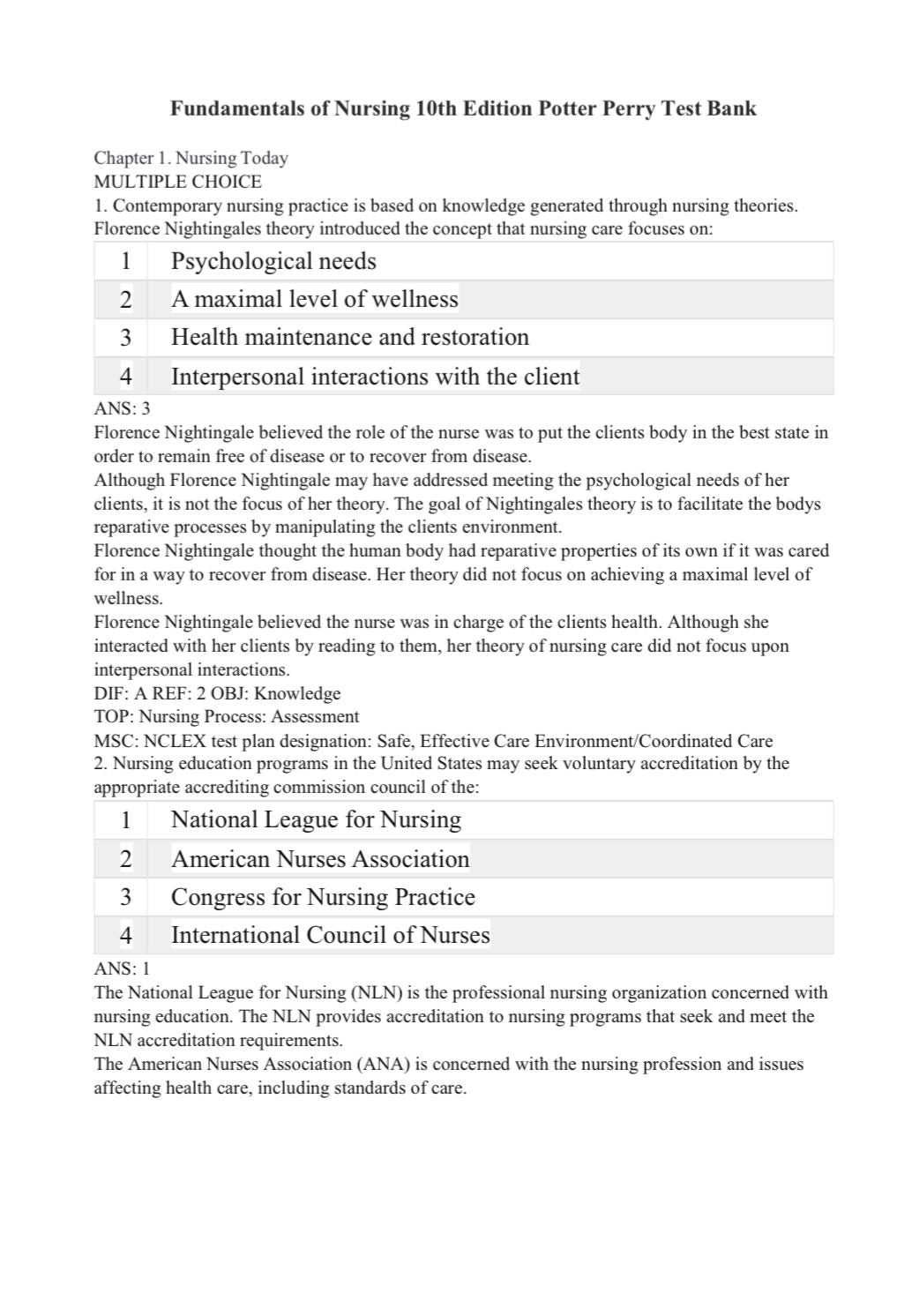 TEST BANK FOR FUNDAMENTALS OF NURSING 10TH EDITION PATRICIA A. POTTER ANNE GRIFFIN PERRY PATRICIA A.